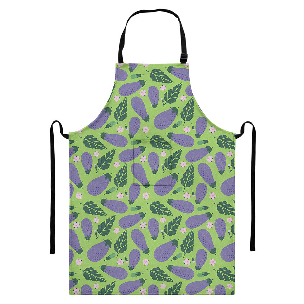 Eggplant With Leaves And Flowers Print Bib Apron With Pocket