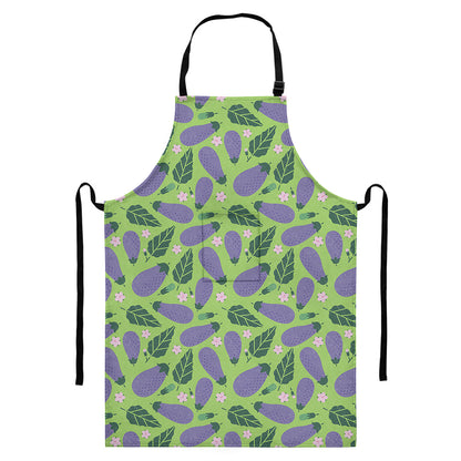 Eggplant With Leaves And Flowers Print Bib Apron With Pocket