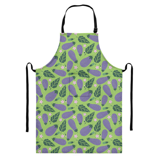 Eggplant With Leaves And Flowers Print Bib Apron With Pocket