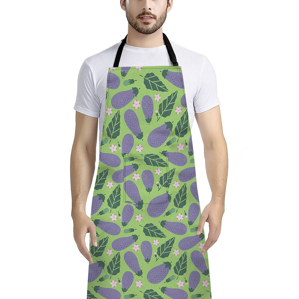 Eggplant With Leaves And Flowers Print Bib Apron With Pocket