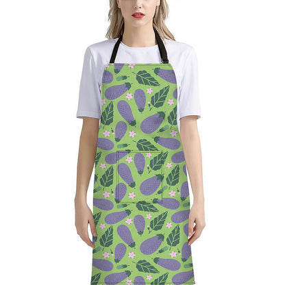 Eggplant With Leaves And Flowers Print Bib Apron With Pocket