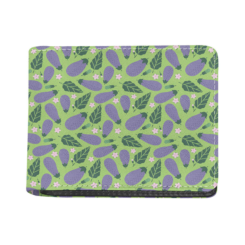 Eggplant With Leaves And Flowers Print Bifold Wallet
