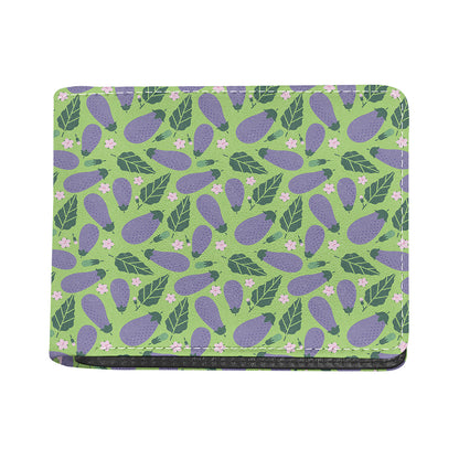 Eggplant With Leaves And Flowers Print Bifold Wallet
