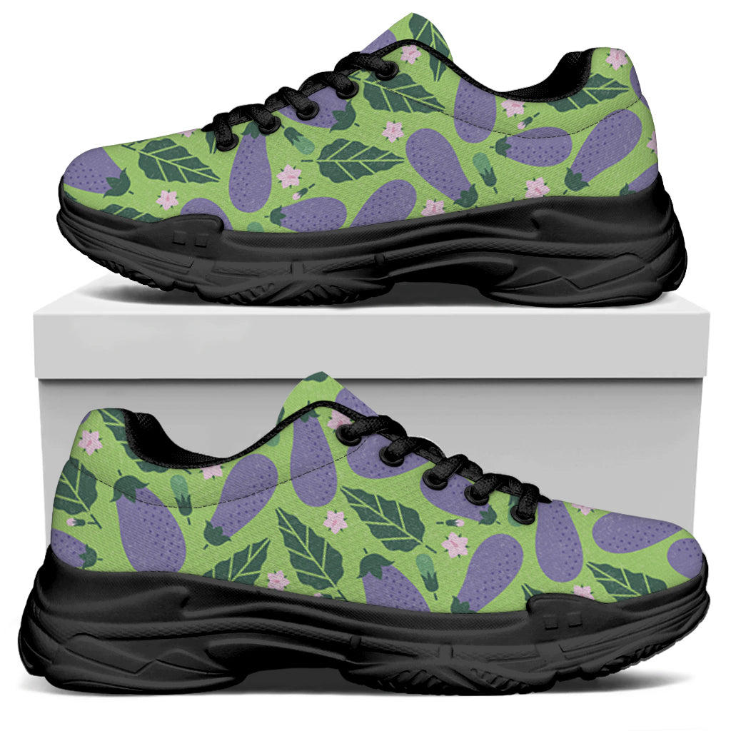 Eggplant With Leaves And Flowers Print Black Chunky Shoes