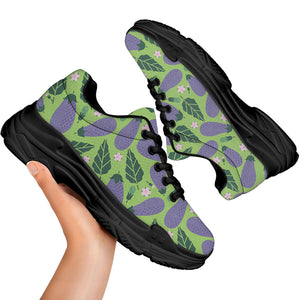 Eggplant With Leaves And Flowers Print Black Chunky Shoes