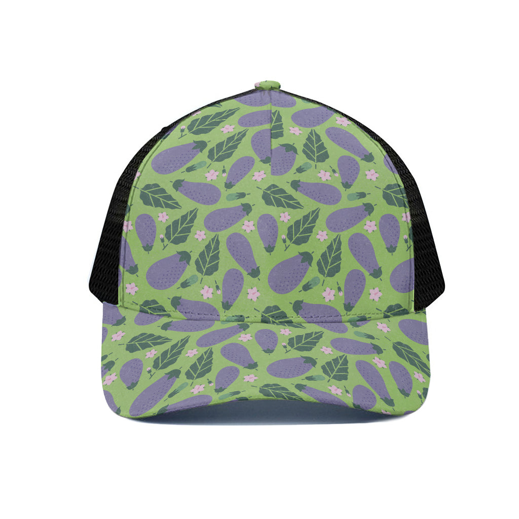 Eggplant With Leaves And Flowers Print Black Mesh Trucker Cap