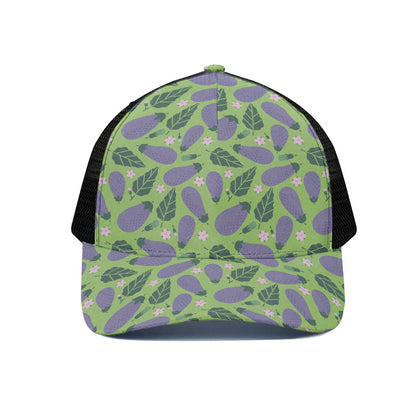 Eggplant With Leaves And Flowers Print Black Mesh Trucker Cap