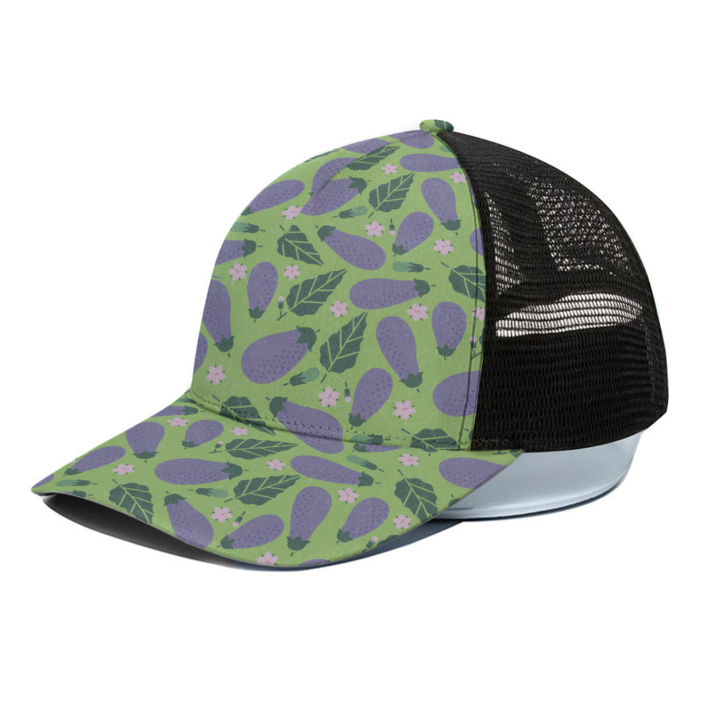 Eggplant With Leaves And Flowers Print Black Mesh Trucker Cap