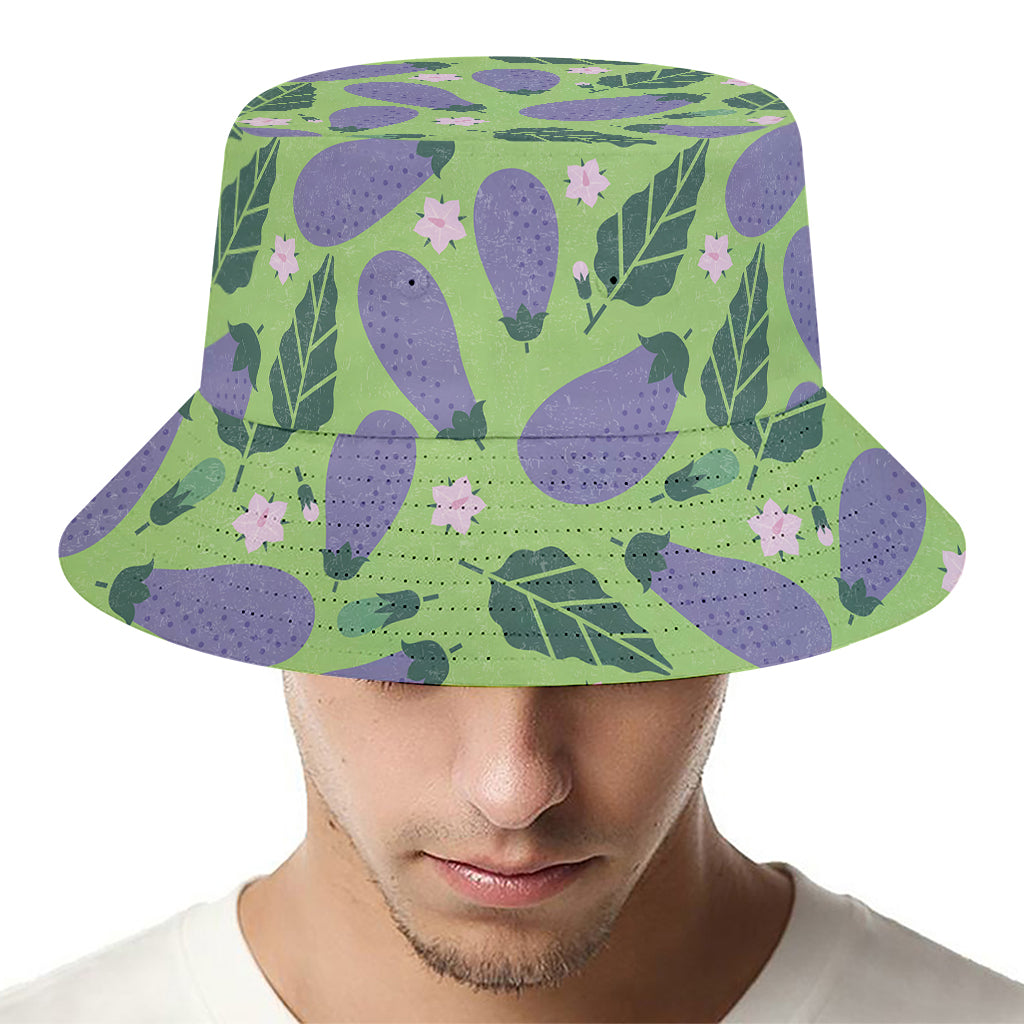 Eggplant With Leaves And Flowers Print Bucket Hat