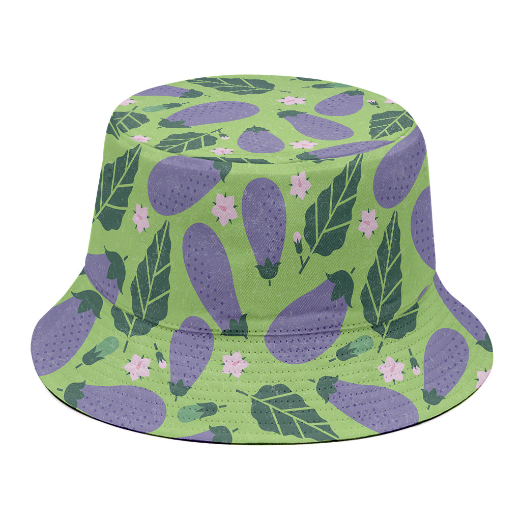 Eggplant With Leaves And Flowers Print Bucket Hat