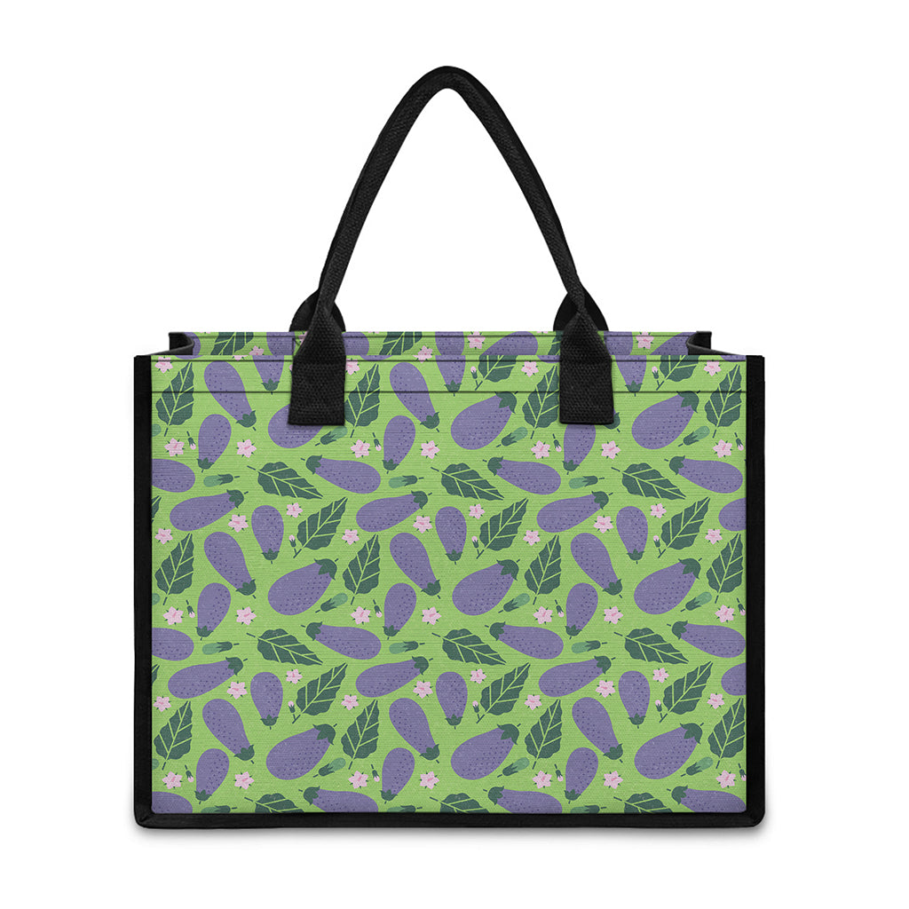 Eggplant With Leaves And Flowers Print Canvas Tote Bag