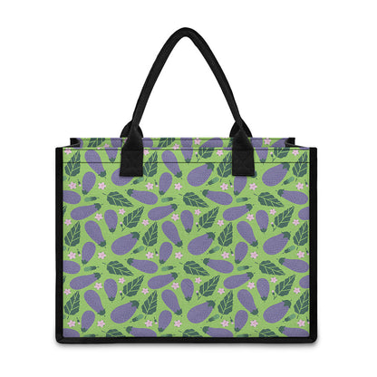Eggplant With Leaves And Flowers Print Canvas Tote Bag
