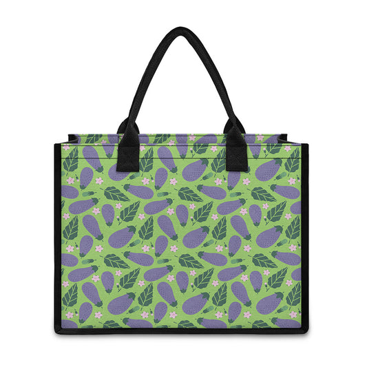 Eggplant With Leaves And Flowers Print Canvas Tote Bag