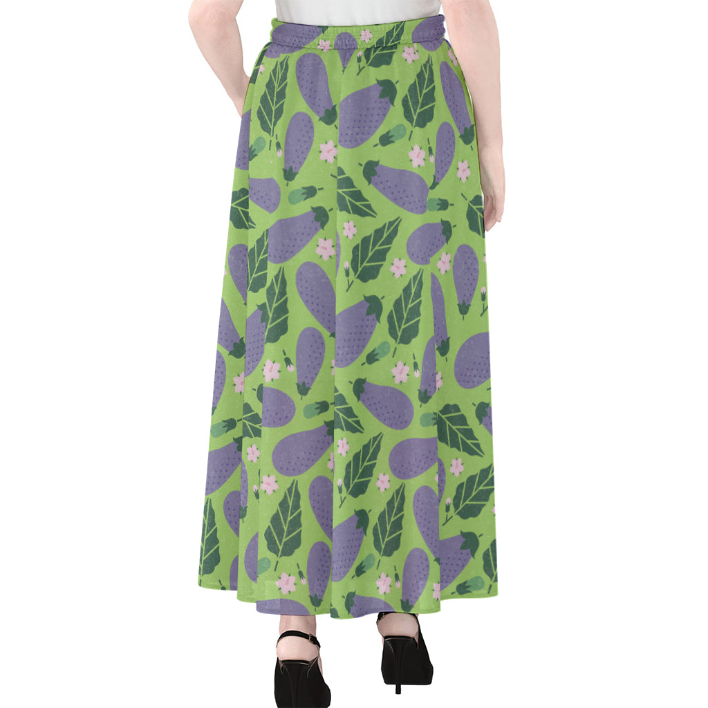 Eggplant With Leaves And Flowers Print Chiffon Maxi Skirt