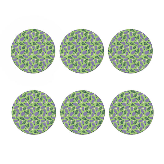 Eggplant With Leaves And Flowers Print Coaster Set