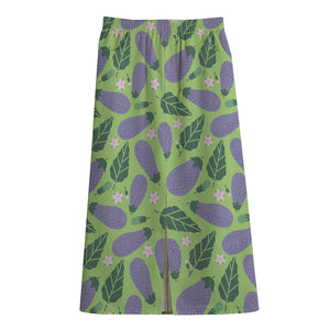 Eggplant With Leaves And Flowers Print Cotton Front Slit Maxi Skirt