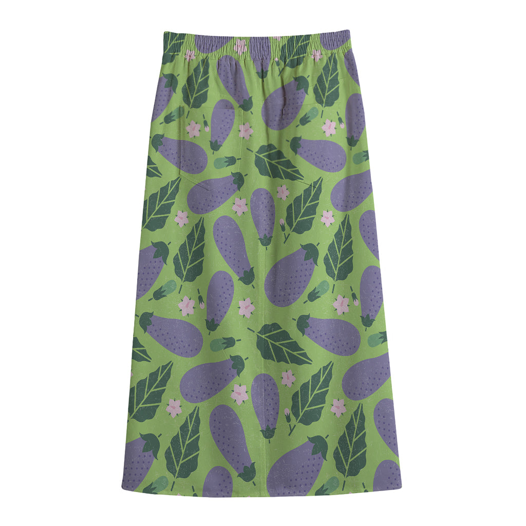 Eggplant With Leaves And Flowers Print Cotton Front Slit Maxi Skirt