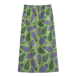 Eggplant With Leaves And Flowers Print Cotton Front Slit Maxi Skirt