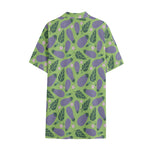 Eggplant With Leaves And Flowers Print Cotton Hawaiian Shirt