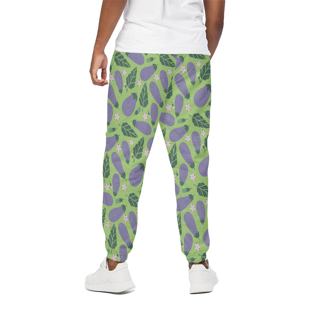 Eggplant With Leaves And Flowers Print Cotton Pants