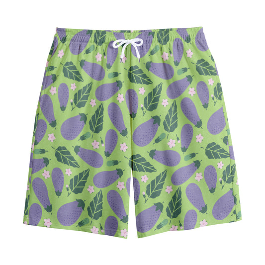 Eggplant With Leaves And Flowers Print Cotton Shorts