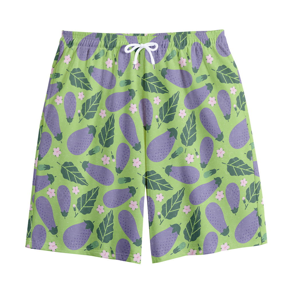 Eggplant With Leaves And Flowers Print Cotton Shorts