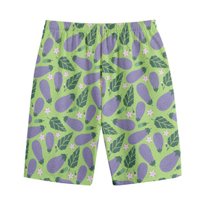 Eggplant With Leaves And Flowers Print Cotton Shorts