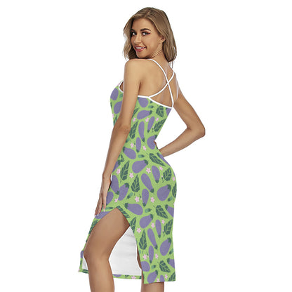 Eggplant With Leaves And Flowers Print Cross Back Cami Dress