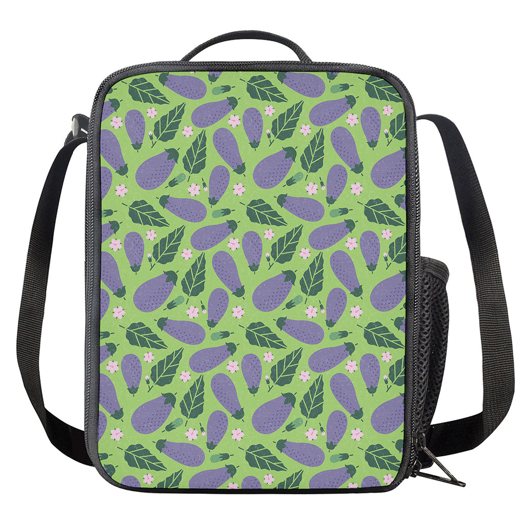 Eggplant With Leaves And Flowers Print Crossbody Lunch Bag
