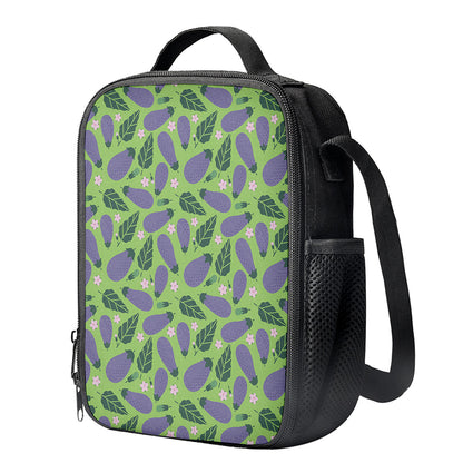 Eggplant With Leaves And Flowers Print Crossbody Lunch Bag