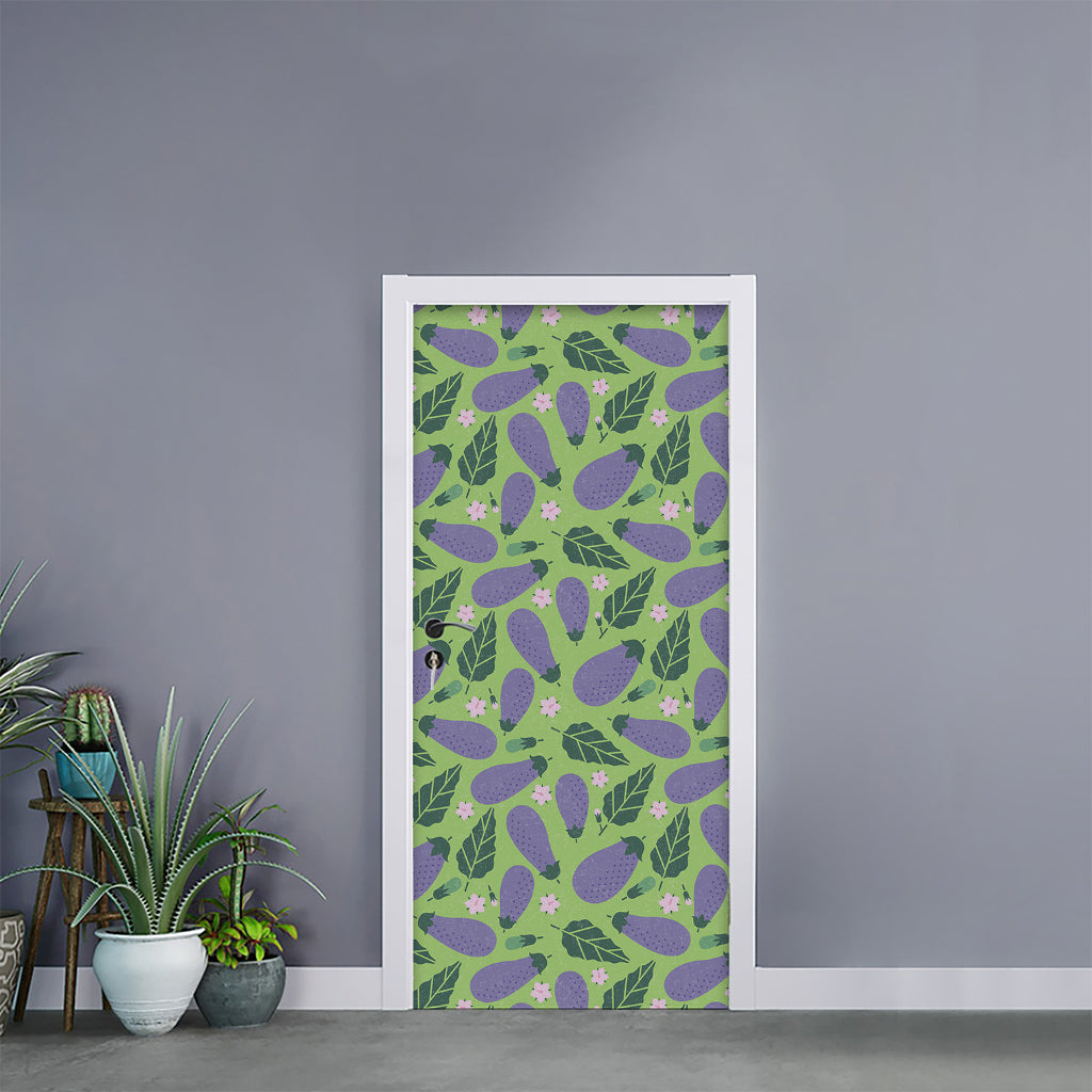 Eggplant With Leaves And Flowers Print Door Sticker