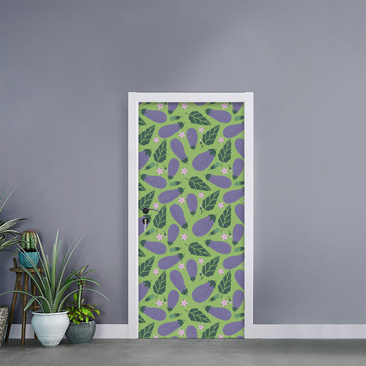 Eggplant With Leaves And Flowers Print Door Sticker