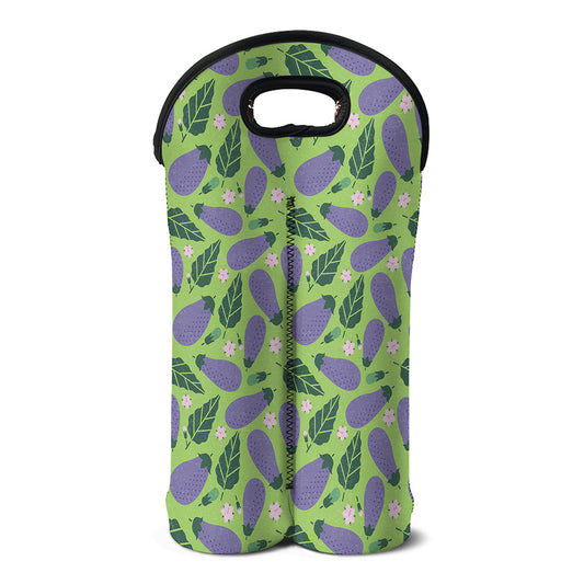 Eggplant With Leaves And Flowers Print Double Neoprene Wine Tote