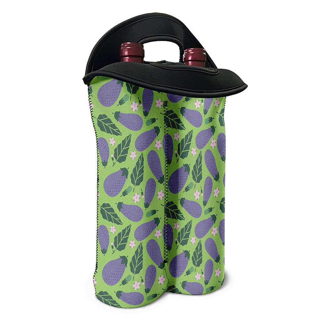 Eggplant With Leaves And Flowers Print Double Neoprene Wine Tote