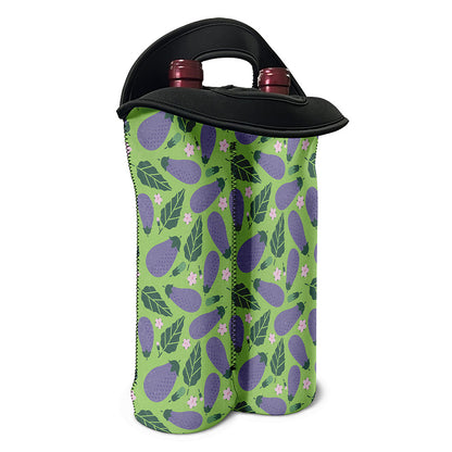 Eggplant With Leaves And Flowers Print Double Neoprene Wine Tote