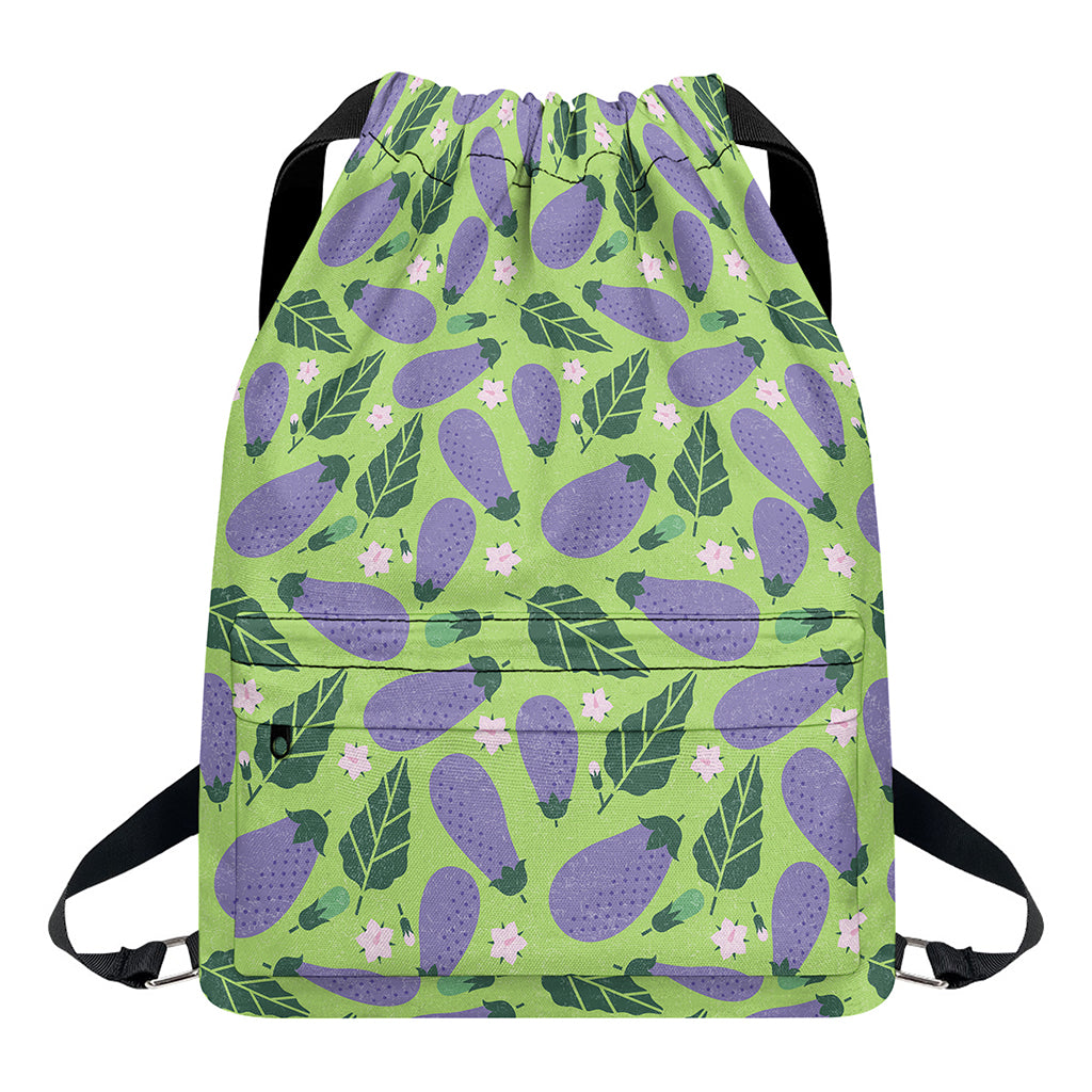 Eggplant With Leaves And Flowers Print Drawstring Backpack