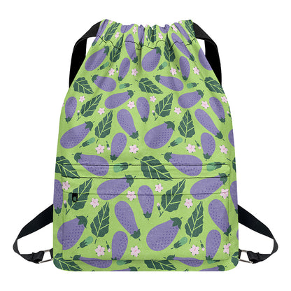 Eggplant With Leaves And Flowers Print Drawstring Backpack
