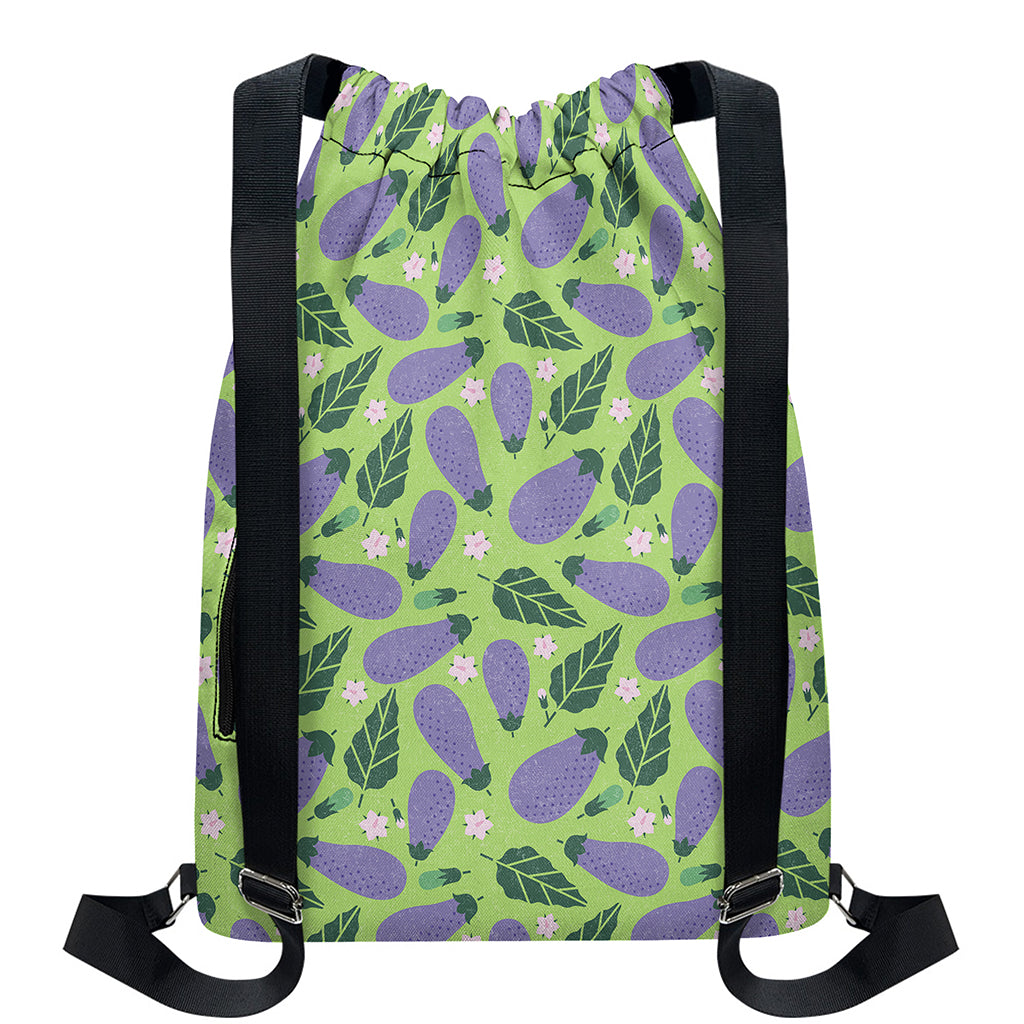 Eggplant With Leaves And Flowers Print Drawstring Backpack