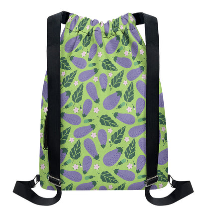 Eggplant With Leaves And Flowers Print Drawstring Backpack