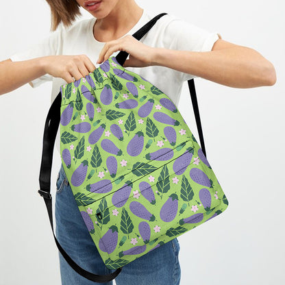 Eggplant With Leaves And Flowers Print Drawstring Backpack