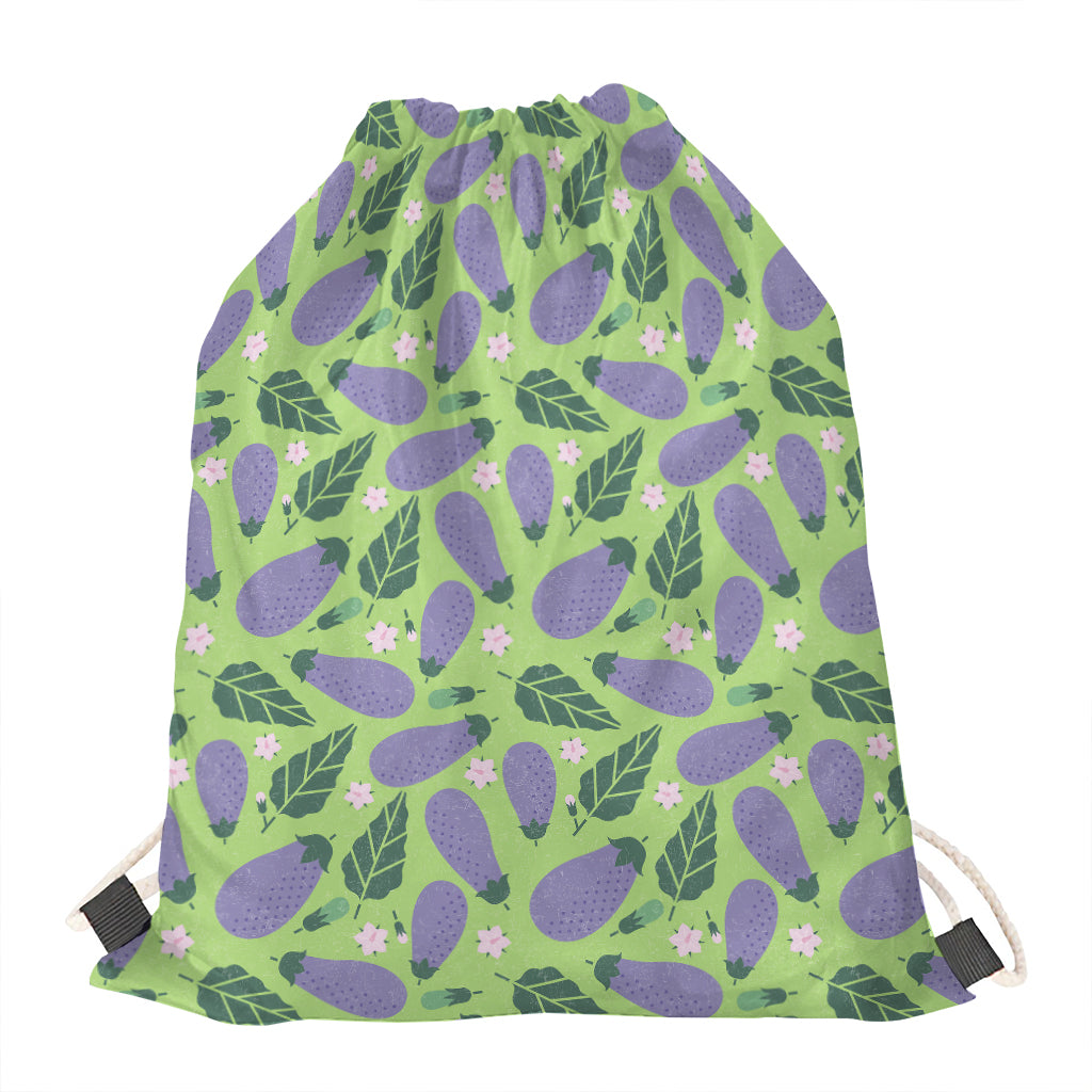 Eggplant With Leaves And Flowers Print Drawstring Bag