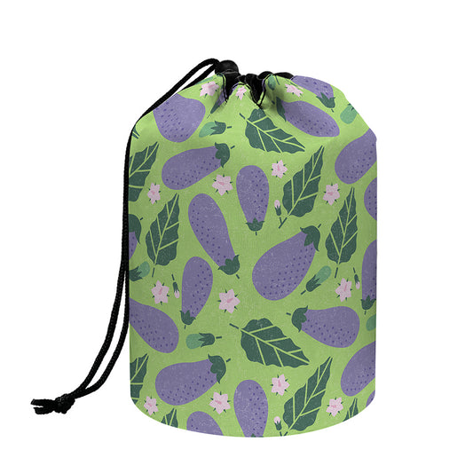 Eggplant With Leaves And Flowers Print Drawstring Makeup Bag