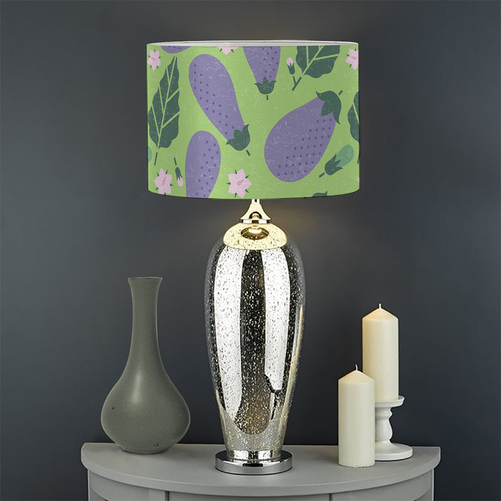 Eggplant With Leaves And Flowers Print Drum Lamp Shade