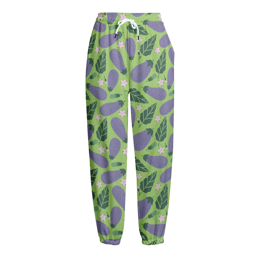 Eggplant With Leaves And Flowers Print Fleece Lined Knit Pants