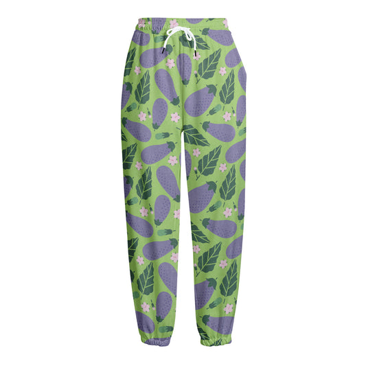 Eggplant With Leaves And Flowers Print Fleece Lined Knit Pants