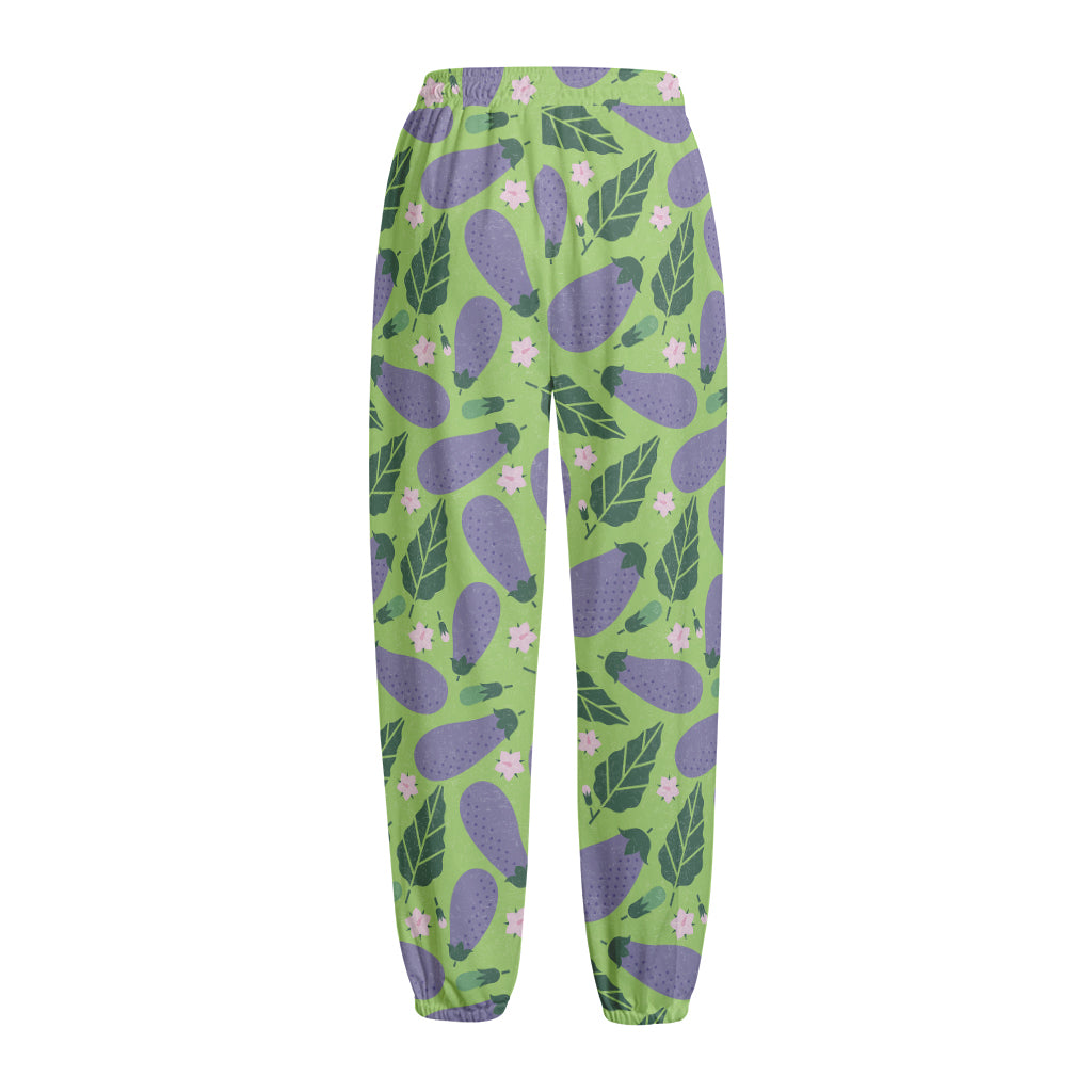 Eggplant With Leaves And Flowers Print Fleece Lined Knit Pants