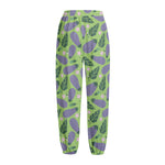 Eggplant With Leaves And Flowers Print Fleece Lined Knit Pants