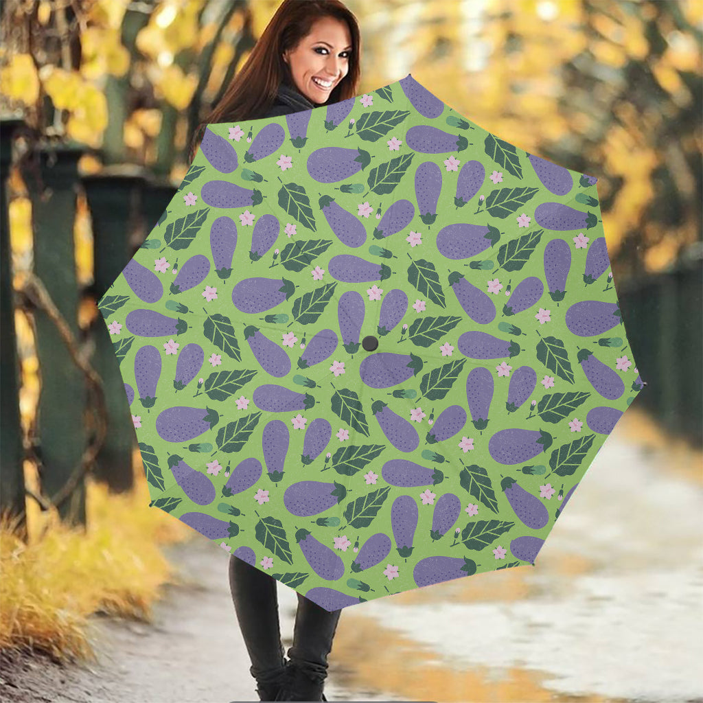 Eggplant With Leaves And Flowers Print Foldable Umbrella