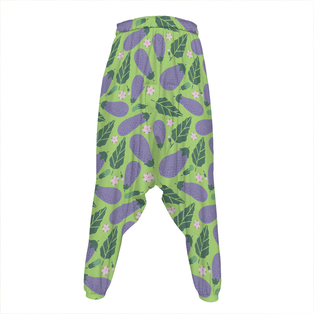 Eggplant With Leaves And Flowers Print Hammer Pants