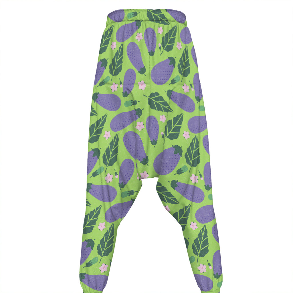 Eggplant With Leaves And Flowers Print Hammer Pants